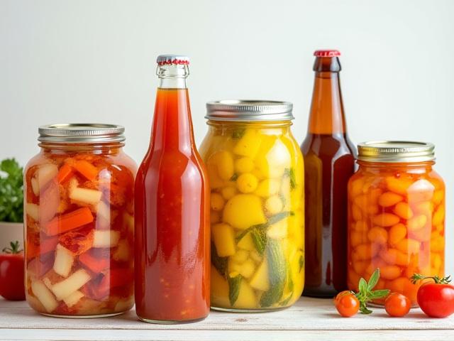 Various jars of colorful fermented vegetables arranged artfully, showcasing freshness.