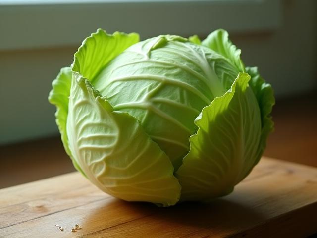 A single head of organic cabbage on a wooden cutting board.