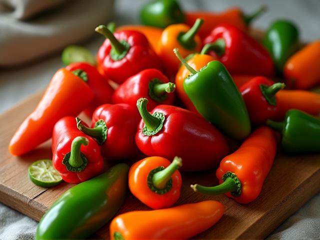 A vibrant, colorful pile of fresh local peppers, including red habaneros, green jalapeños, and orange Datil peppers, ready for fermentation.