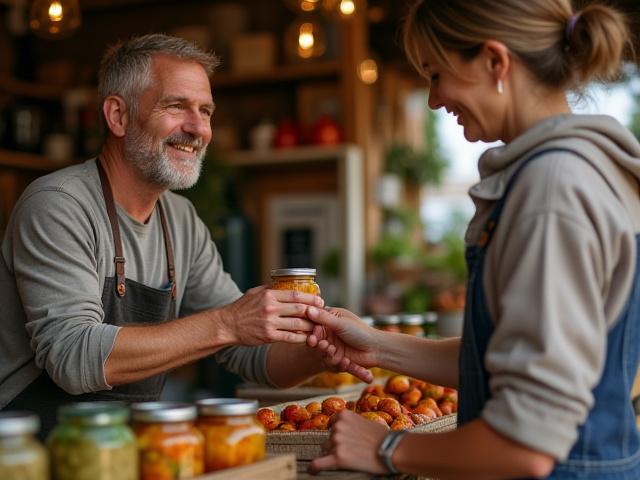 Steven Risher Smith at a farmers market stand with his fermented products, smiling to a customer.