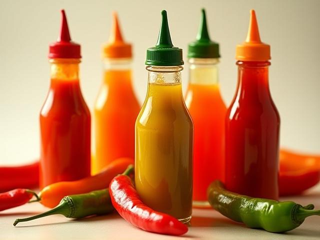 Bottles of colorful fermented hot sauce with fresh peppers