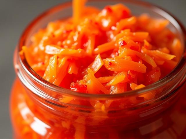 Jar of vibrant red kimchi with cabbage and spices