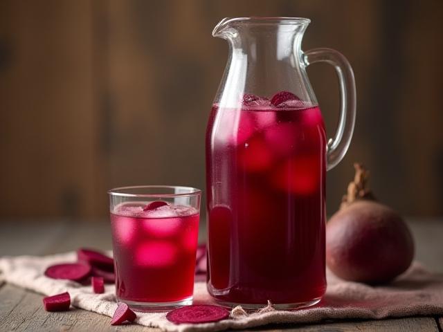 Glass jug of deep red kvass with beet slices