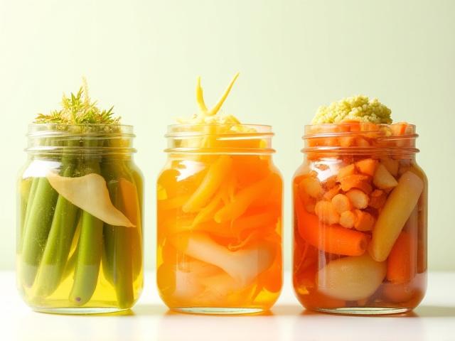 Assortment of seasonal lacto-fermented pickles in jars