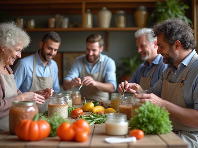 Group of happy people engaged in a fermentation workshop, looking at jars