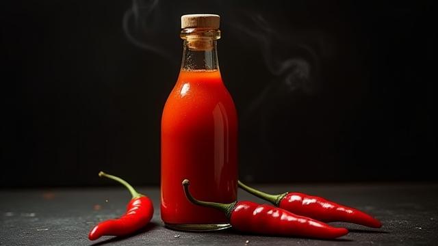 A bottle of vibrant, homemade fermented hot sauce, possibly with chili peppers in the background.
