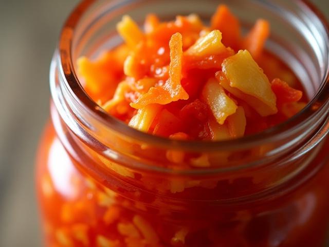 A clear glass jar filled with vibrant red small batch kimchi, showcasing its texture and ingredients. Handcrafted in Jacksonville, Florida.