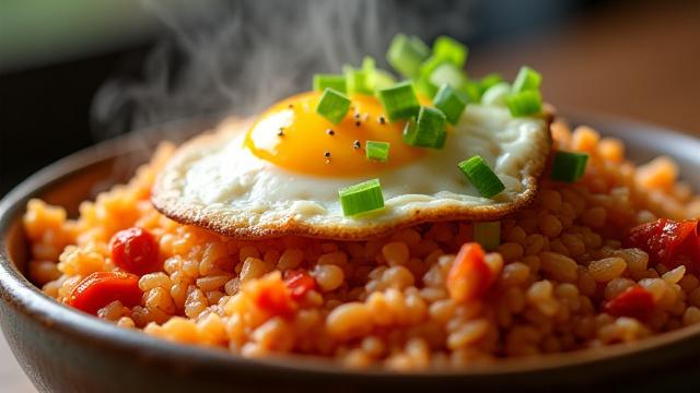 Chopped kimchi mixed into a bowl of fried rice, steaming and savory.