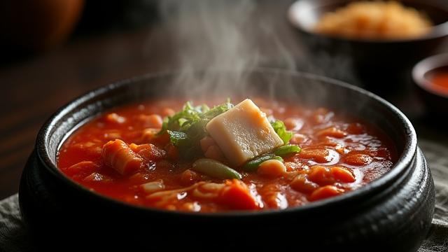A bubbling pot of Kimchi Jjigae (kimchi stew) served in a traditional stone pot.