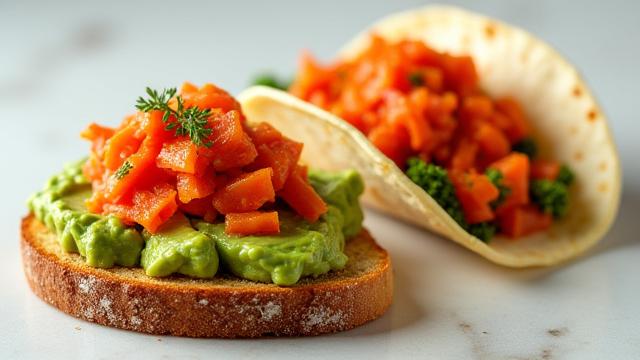 Kimchi topping avocado toast or tacos, showing modern fusion applications.
