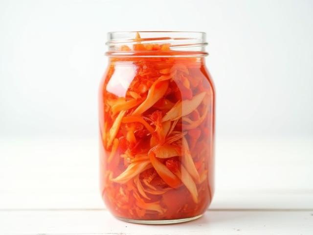 A jar of classic, bright red Napa Cabbage Kimchi.