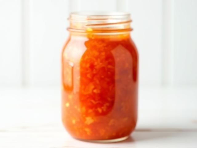 A jar of light orange to red Vegan Kimchi, clearly identifiable as plant-based.
