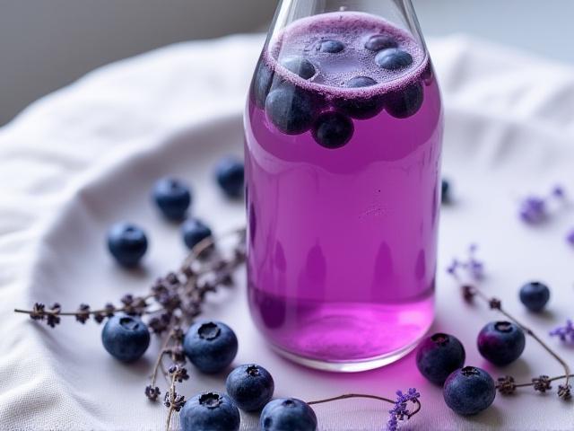 Glass bottle of blueberry lavender kombucha with fresh blueberries and lavender sprigs.