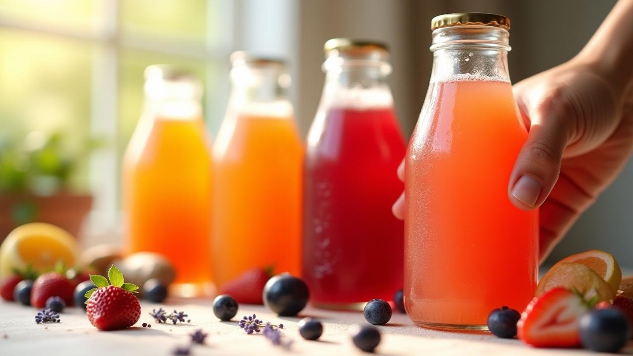 Assortment of vibrant kombucha bottles, some with condensation, showcasing various flavors like strawberry, ginger, and blueberry, with a glass of fizzing kombucha in the foreground.