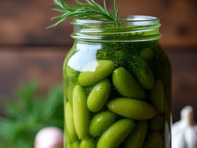 Jar of crispy Fermented Dilly Beans with garlic and dill.