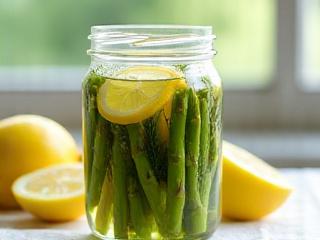 Jar of fermented asparagus with lemon and dill