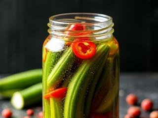 Jar of spicy fermented okra with jalapeño