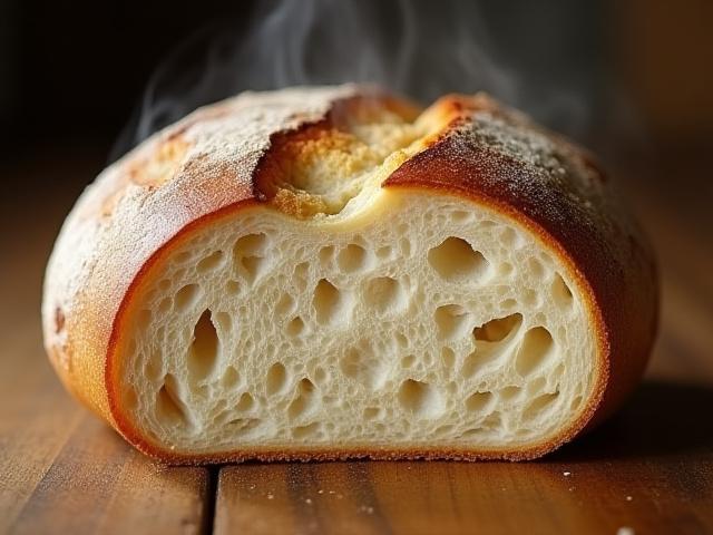 Close-up of an open crumb sourdough loaf showing airy pockets and excellent texture.