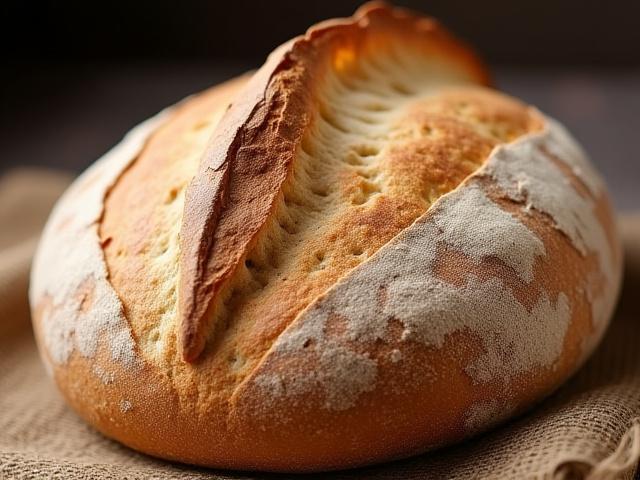 A perfectly scored rustic sourdough boule with a prominent 'ear'.
