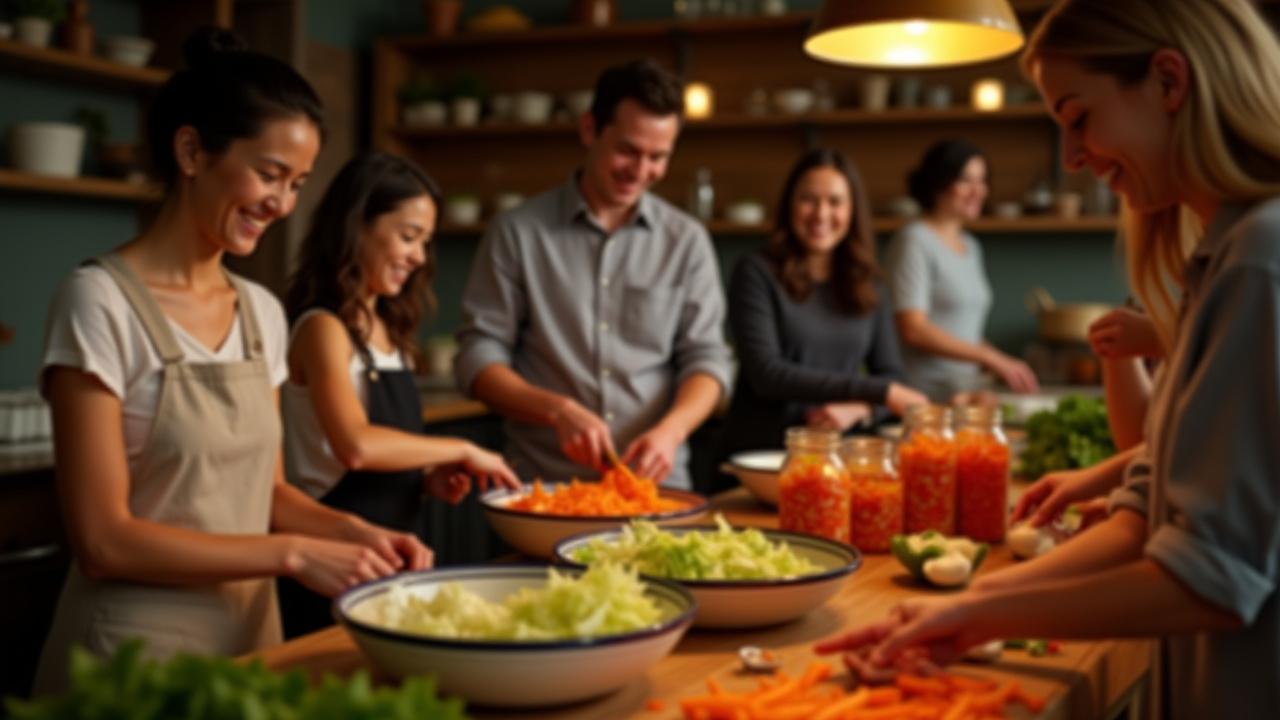 People laughing and learning during a hands-on kimchi making workshop, vibrant vegetables on the table.